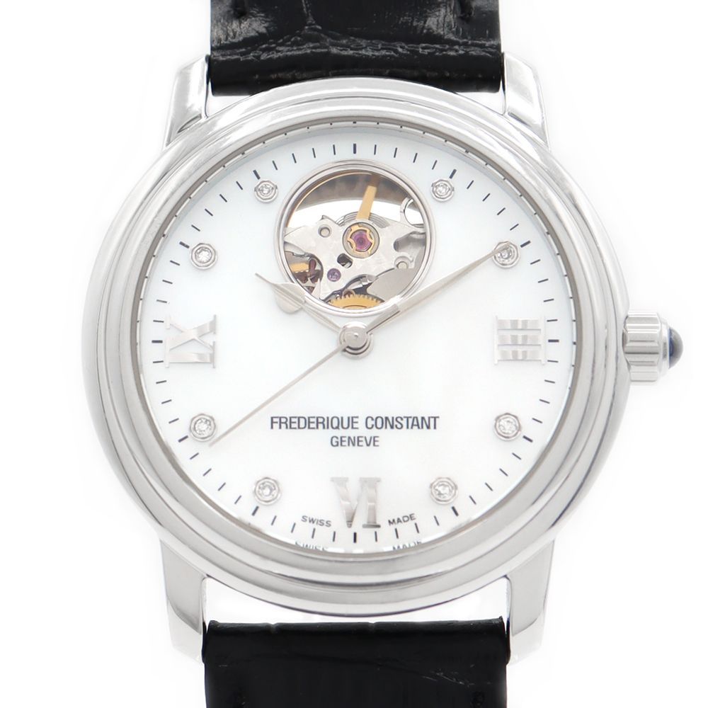 内部点検済 FREDERIQUE CONSTANT フレデリックコンスタント ハートビート 8Pダイヤ FC-303/310x2p4/5/6 裏スケ  白 ホワイトシェル SS ステンレス 純正SSベルト付 レディース 自動巻き【6ヶ月保証】【腕時計】【中古】