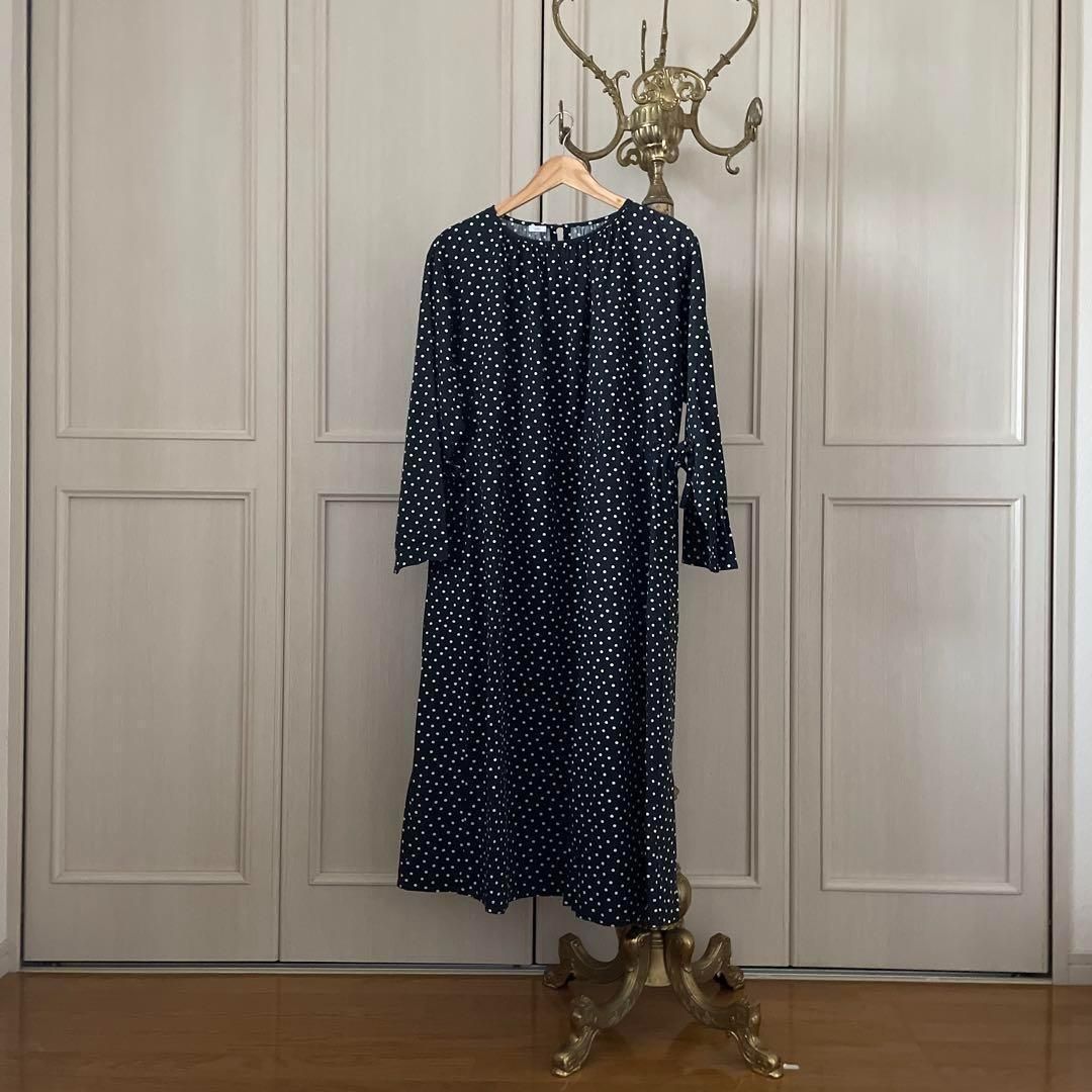 55 イチ ichi ドット 水玉 ワンピース シャツ ロング 長袖 黒 白 お呼ばれ デート オフィスカジュアル 食事会