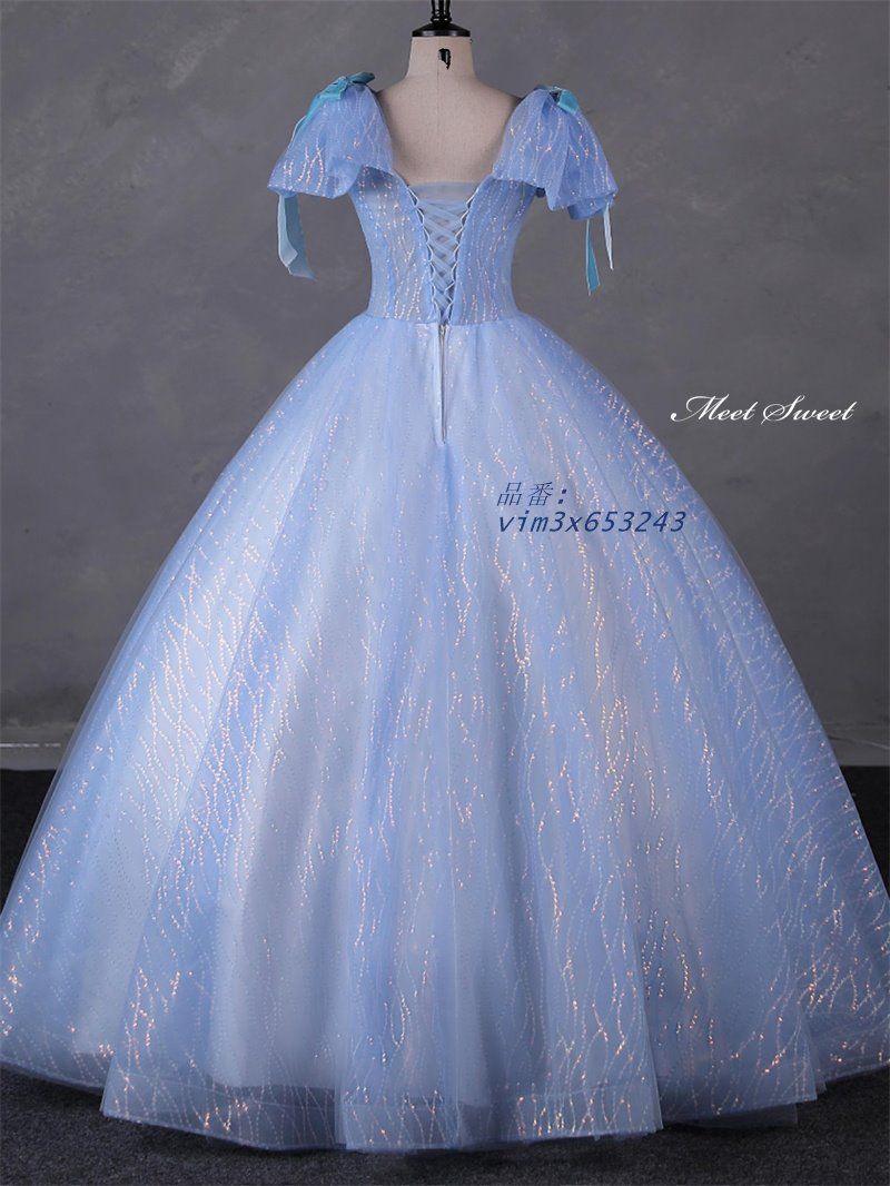 ☪ ドレス プリンセスライン ブルー リボン キラキラ 編み上げ ウェディングドレス ステージ衣装 前撮り 結婚式 花嫁 発表会 ロングドレス 演奏会 二次会 vim3x653243