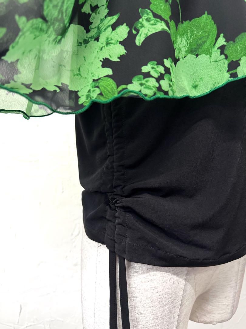 華やぎ】新品 グリーン花柄パフスリーブセットアップ黒 d026