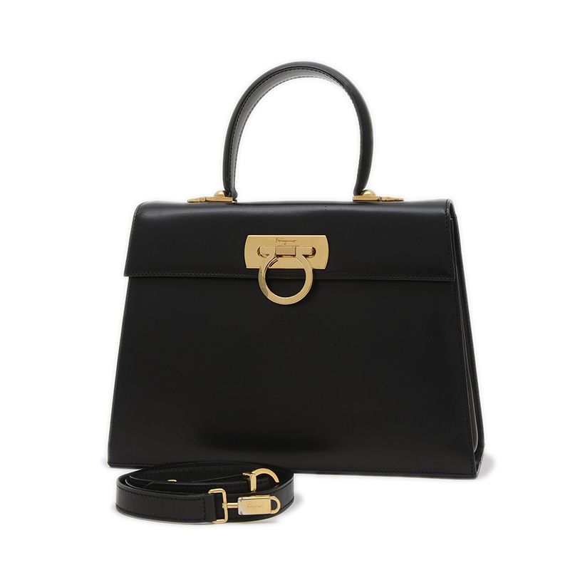 ✨美品✨フェラガモ ガンチーニ バックル ブラック ゴールド金具 箱あり フェラガモ ガンチーニ 2WAYバッグ ボックスカーフ ブラック