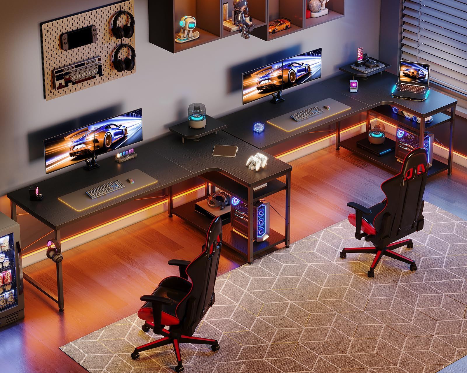 ゲーミングデスク ODK l字 パソコンデスク 幅130 机 デスク desk 棚付き 在宅勤務 pcデスク 子 勉強机 L字型 組立簡単 ブラック 右棚 MARWIL-DEMENAGEMENTS_CH