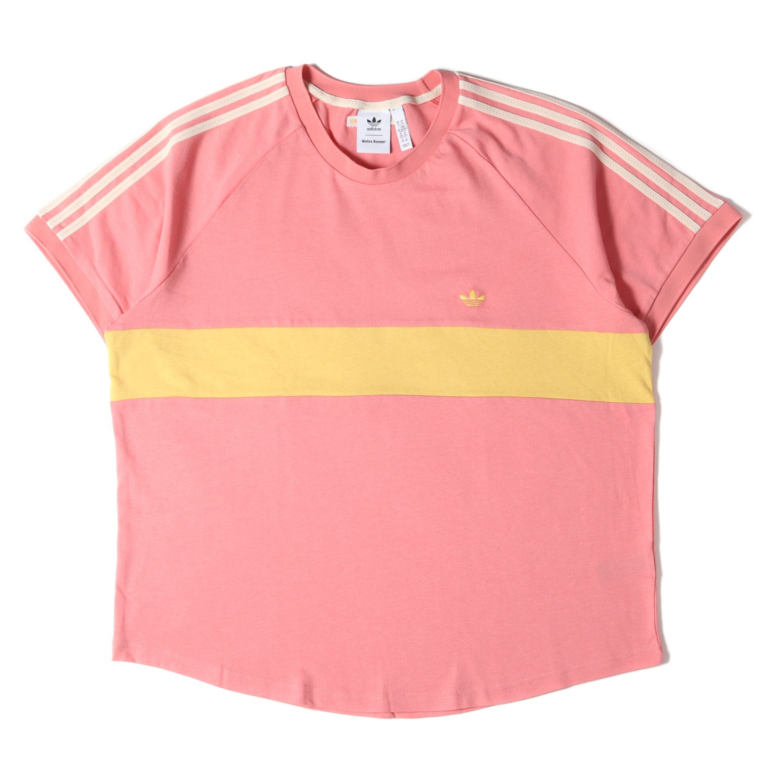 美品 adidas アディダス Tシャツ サイズ:6XO 22SS WALES BONNER ウェールズ ボナー パネル ボーダー ヘビー クルーネック Tシャツ ピンク イエロー トップス カットソー 半袖 コラボ