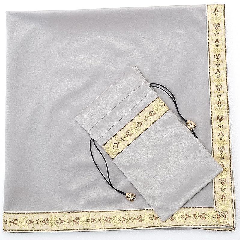 Kuai タロットクロス パステルカラー 68×68cm 2点セット ベルベット ポーチ付 タロット カード 占い 鑑定 厚手 (グレー+ゴールドリボン， 2点セット ポーチ小付)