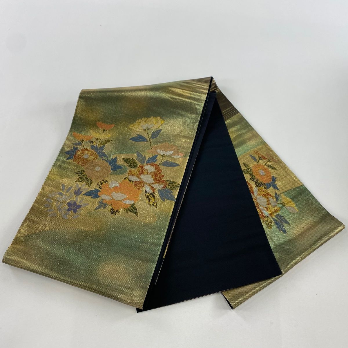 袋帯 秀品 関西仕立て 牡丹 秋草 金彩 螺鈿 茶緑色 お太鼓柄