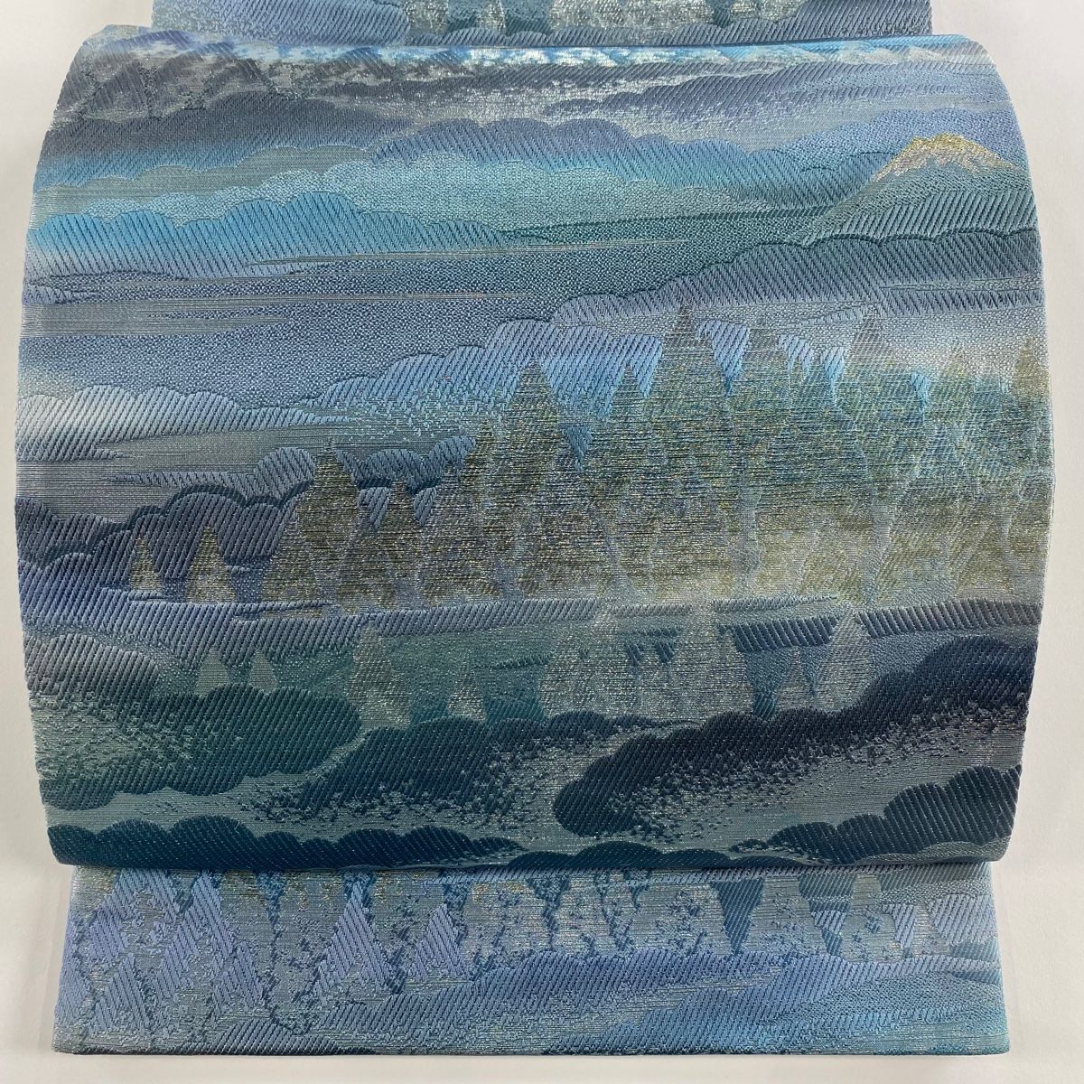 袋帯 秀品 富士コレクション 富士山 樹木 金銀糸 青灰色 全通 正絹