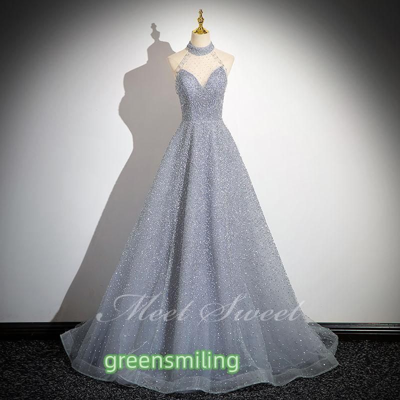 ドレス Aラインドレス シルバー キラキラ ホルターネック ロングドレス ウェディングドレス 結婚式 二次会 花嫁 前撮り