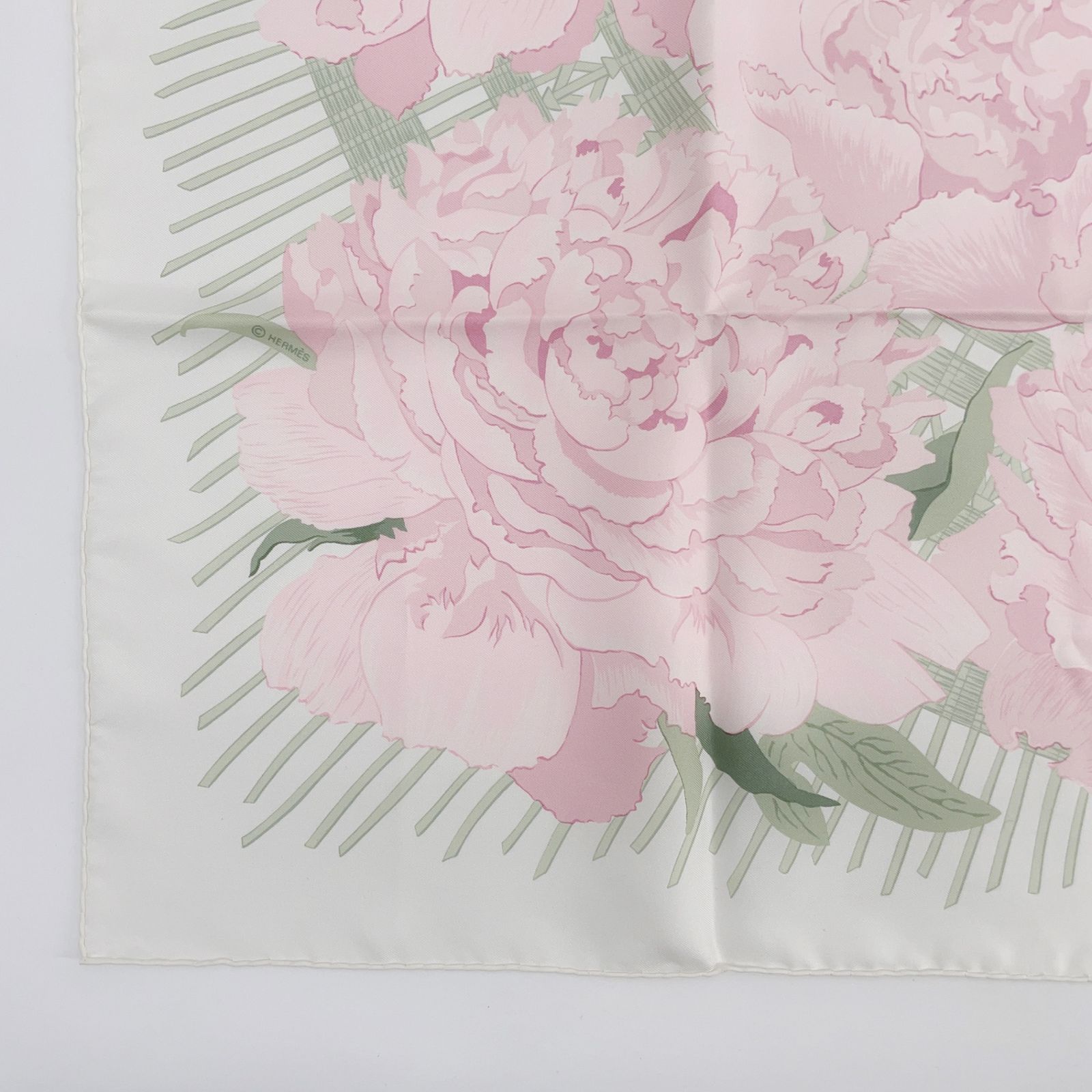 美品 HERMES エルメス カレ90 Les Pivoines 芍薬 ピンク x