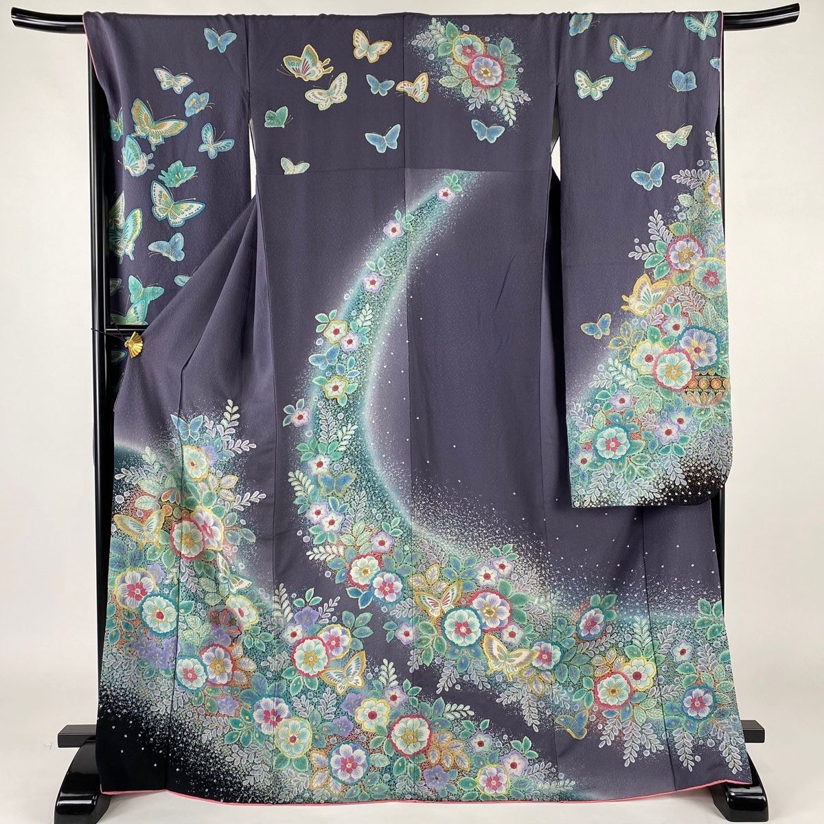 振袖 身丈170.5cm 裄丈68cm L 袷 蝶 草花 金彩 ぼかし 灰紫 正絹