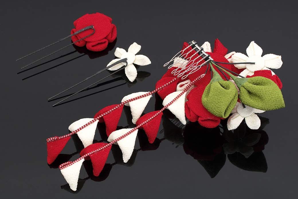 (ソウビエン) 成人式 髪飾り 卒業式 2点セット 赤 レッド 金色 桜 サクラ 花 コサージュ 組紐 玉飾り コーム式 Uピン式 卒業式 SOUBIEN] (ソウビエン)成人式 髪飾り 和装 卒業式 袴 3点セット 玉
