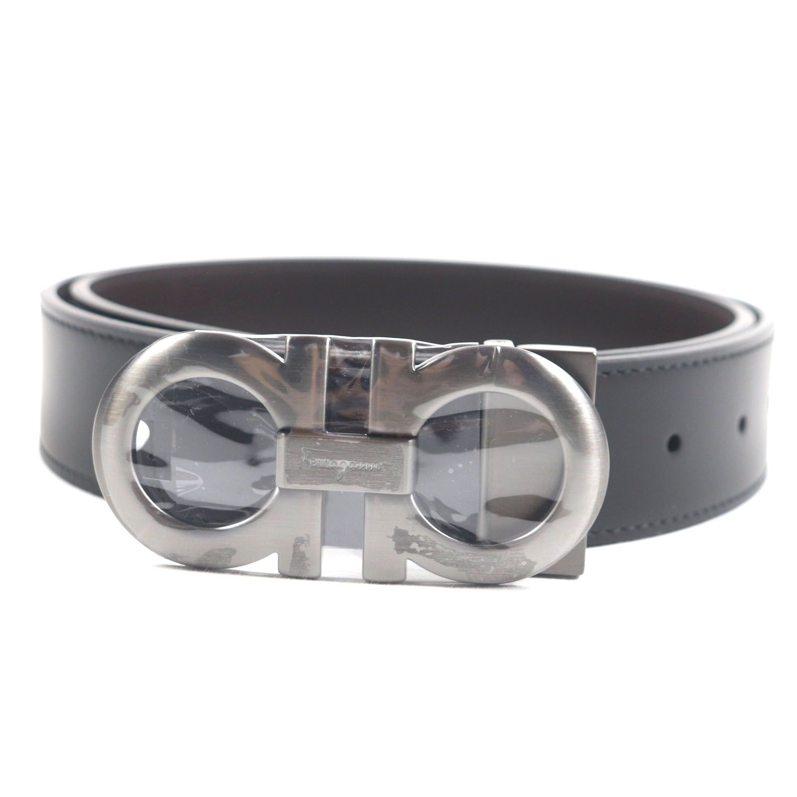 ♥品 Salvatore Ferragamo サルヴァトーレフェラガモ 5542 ダブルガンチーニ リバーシブル レザーベルト ブラック ダークブラウン 90 箱 保存袋付き イタリア製 メンズ
