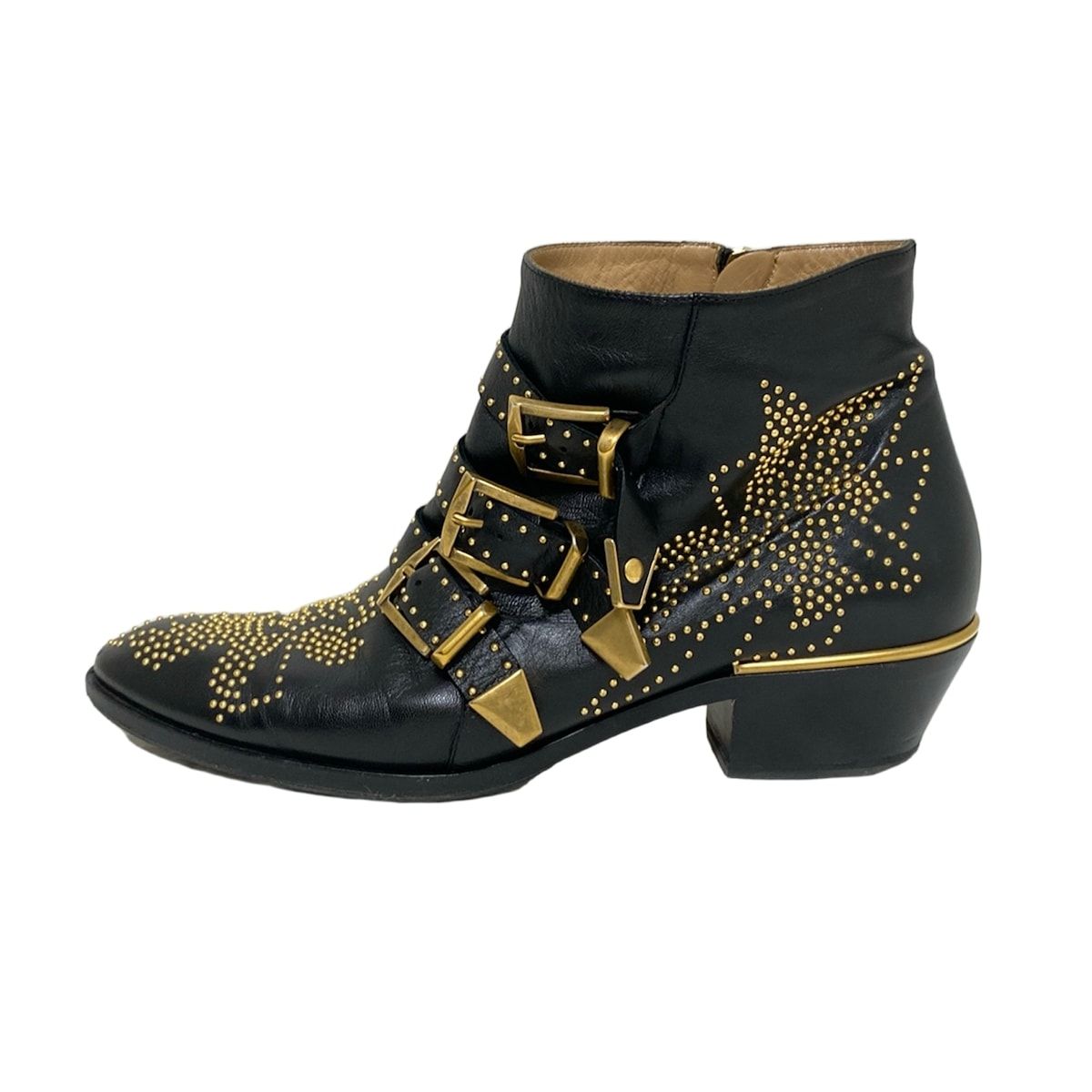 Chloe クロエ ショートブーツ 39 レディース - 黒×ゴールド スタッズ|アウトソール張替済 レザー
