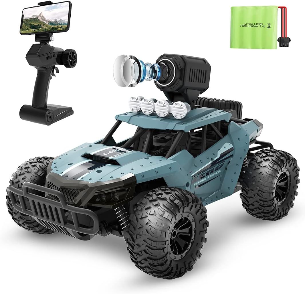DEERC ラジコンカー こども向け オフロード RCカー カメラ付きラジコン 1/16 操作時間30分 時速20km/h 2.4GHz WiFi FPVリアルタイム リモコンカー 子供向け 防振性 走破性 おもちゃ 日本国内承認済み 