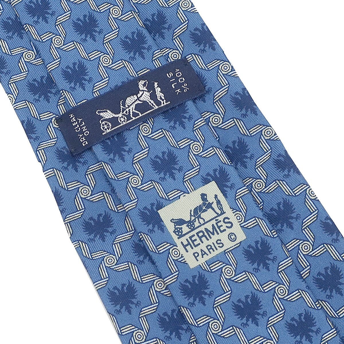 エルメス HERMES ネクタイ 総柄 9cm シルク ブルー 青 【中古