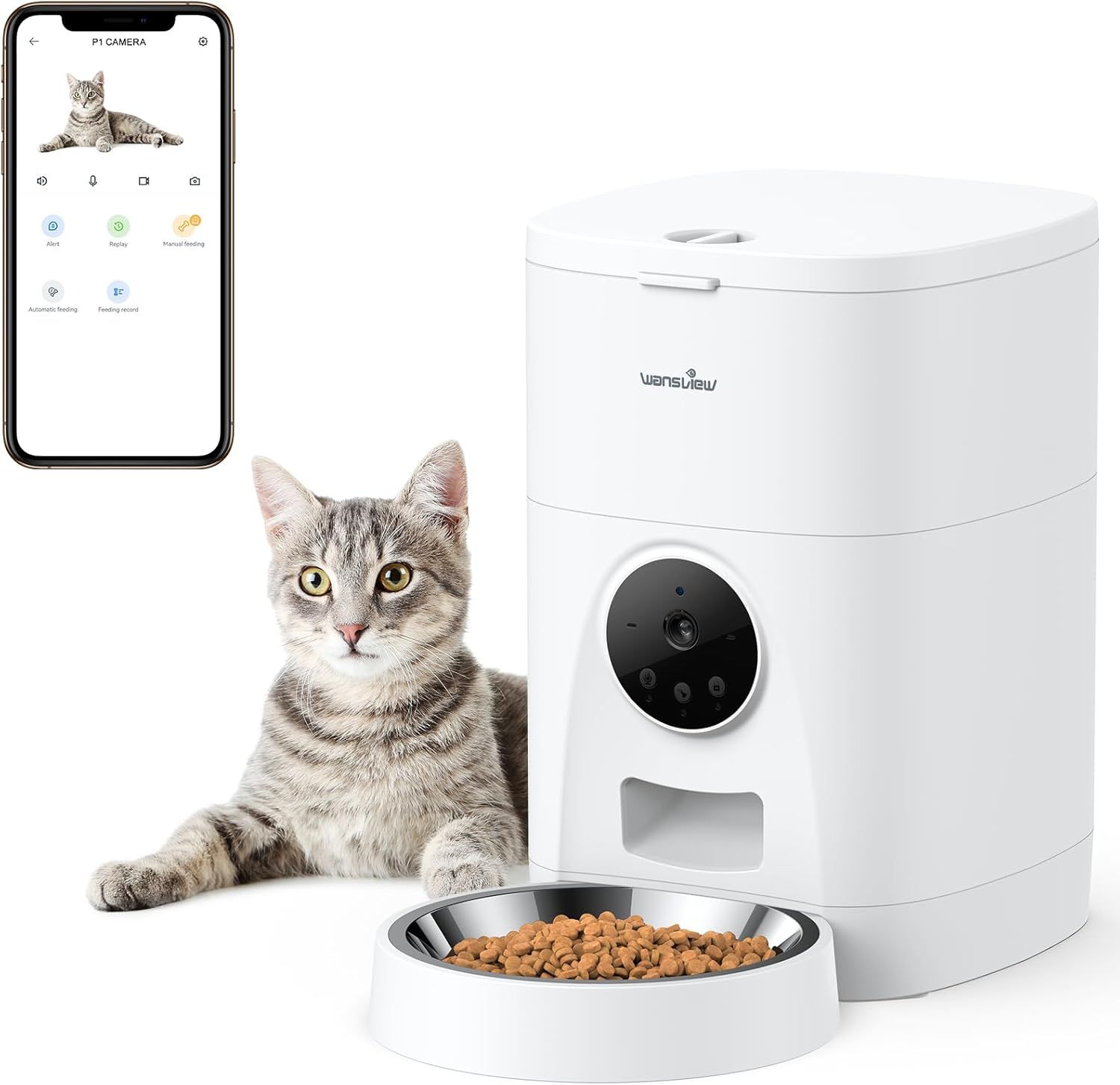 Wansview 自動給餌器 猫犬対応 300万高画素カメラ付き 4L大容量 音声録音録画可 スマート自動餌やり機 アプリ操作 1080Pより高精細2Kペットカメラ 1日5食 タイマー式自動餌遣り器 ステンレスボウル付属 猫ニキビよぼう 2WAY給電
