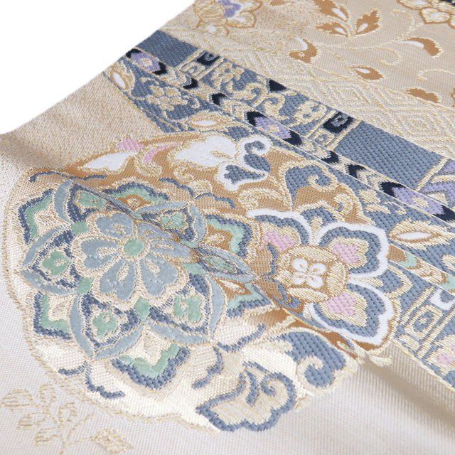 袋帯 中古 リサイクル 華文 花鳥模様 練色 多色 金 A886-16