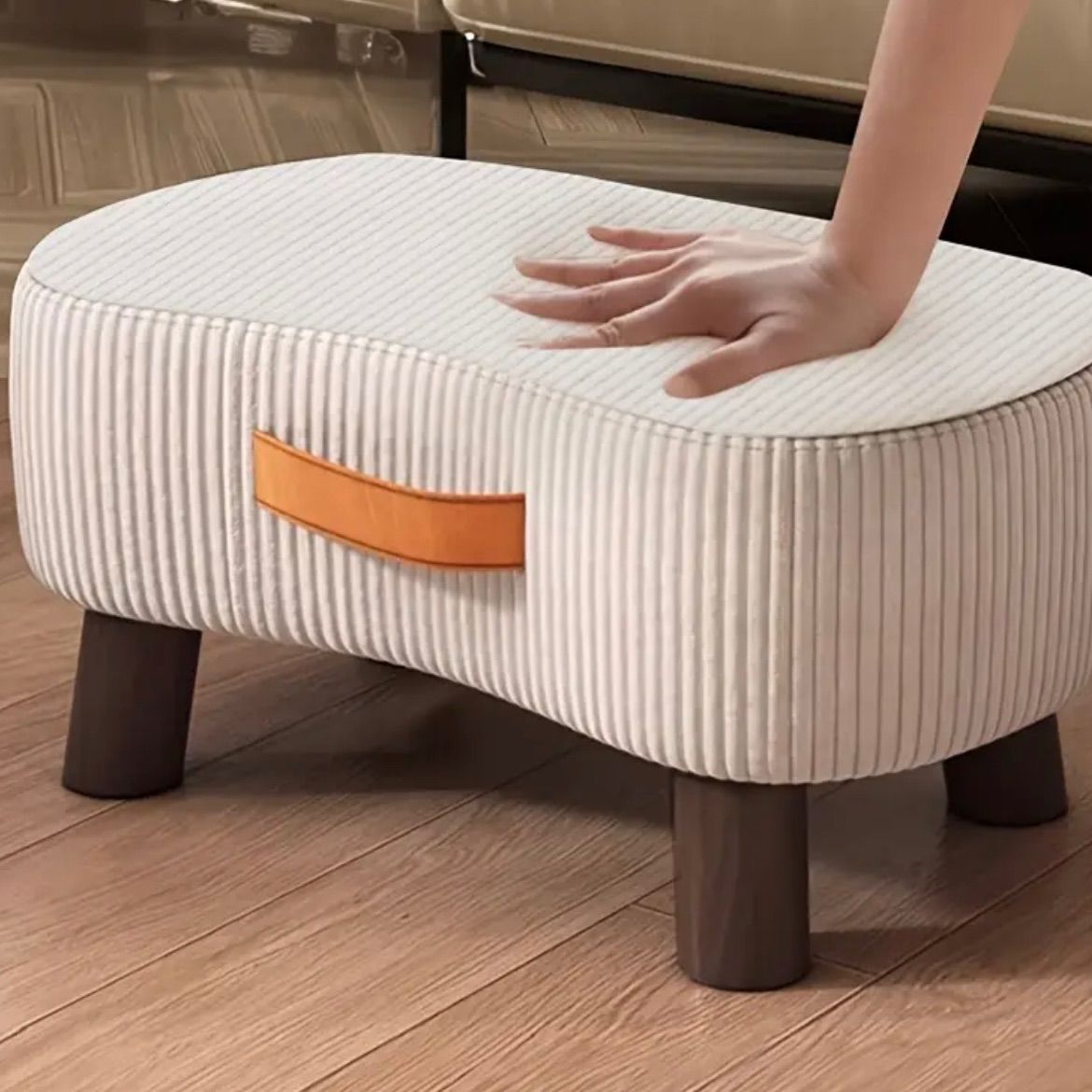 スツール コーデュロイ素材 シューズチェンジベンチ 木製脚付き 持ち運びハンドル付 化粧台スツール 軽量 省スペース 高耐荷重 リビング 寝室 玄関 オフィス用 プレゼント シンプルデザイン お洒落 可愛い リビングルーム ダイニングルーム キッズルーム