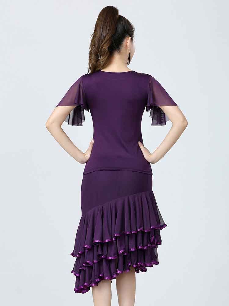 ハロウィン 社交ダンス ドレス 短袖 トップス スカート ２点セット モダンダンス衣装 競技用　舞台用　ブラック ネイビー パープル レッド