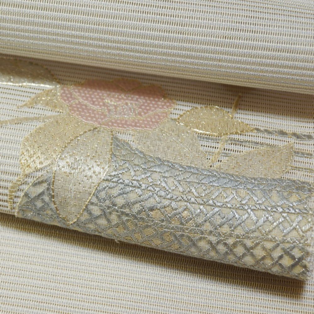 夏物 八寸名古屋帯 絽 綴れ 絽刺し刺繍 花籠模様 正絹 お太鼓柄