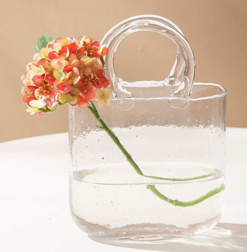 フラワーベース 花瓶 カバン 鞄 bag ガラス 硝子 ガラス フラワーベース バッグ型 花器 透明 気泡入り 手作り