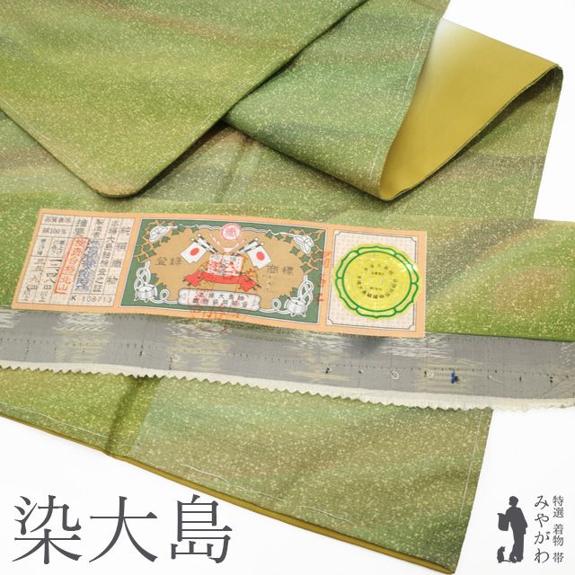 新古品 本場大島紬 着物 袷 染大島 正絹 手染め 黄緑系 グリーン ぼかし 波線 たたき染 カジュアル 春 秋 冬 大島紬 仕立て上がり 身丈164 裄丈67 Ｌサイズ みやがわ sb15449