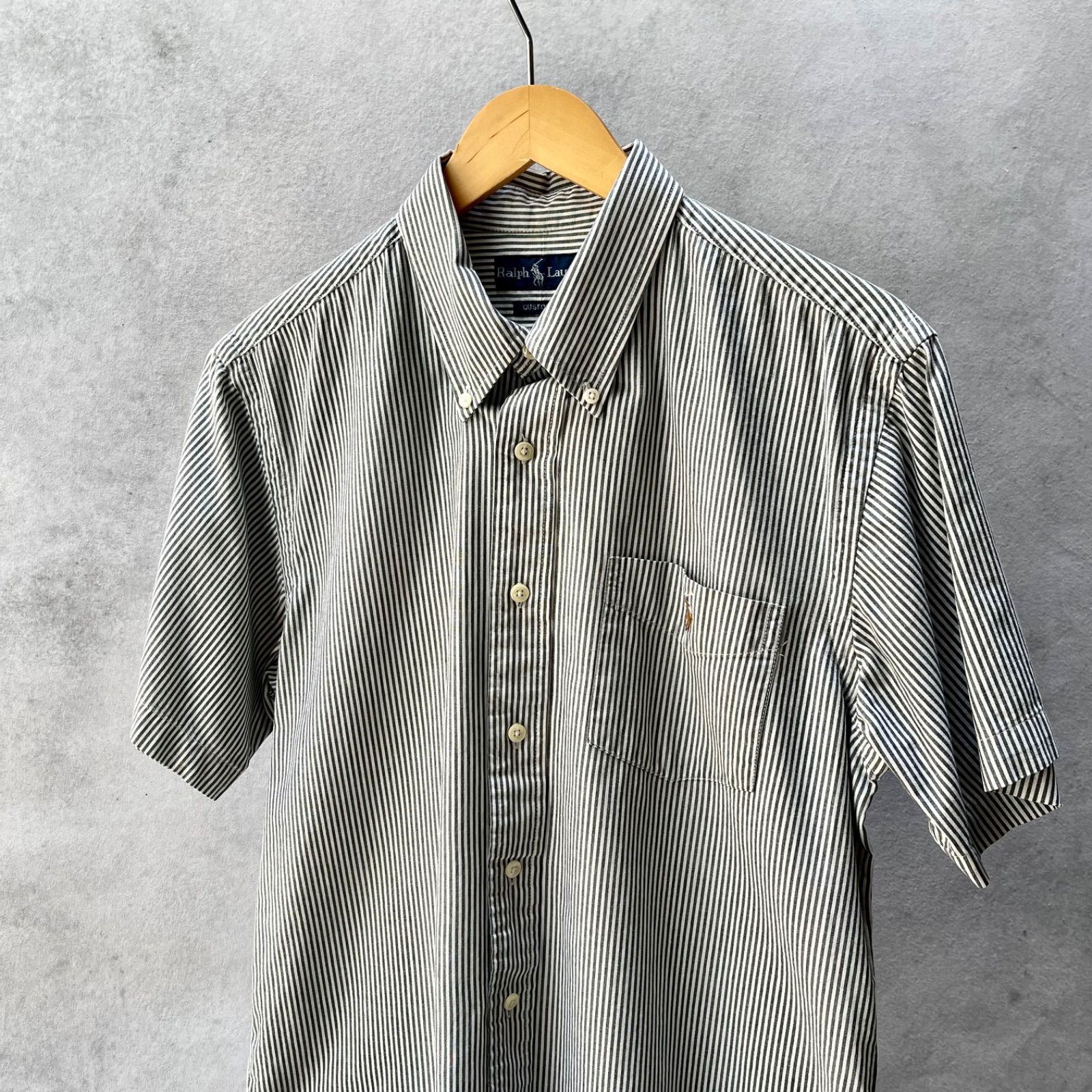 Ralph Lauren ラルフローレン ストライプ柄 半袖ボタンダウンシャツ CUSTOM FIT Lサイズ 白 × 黒 ポケット付き