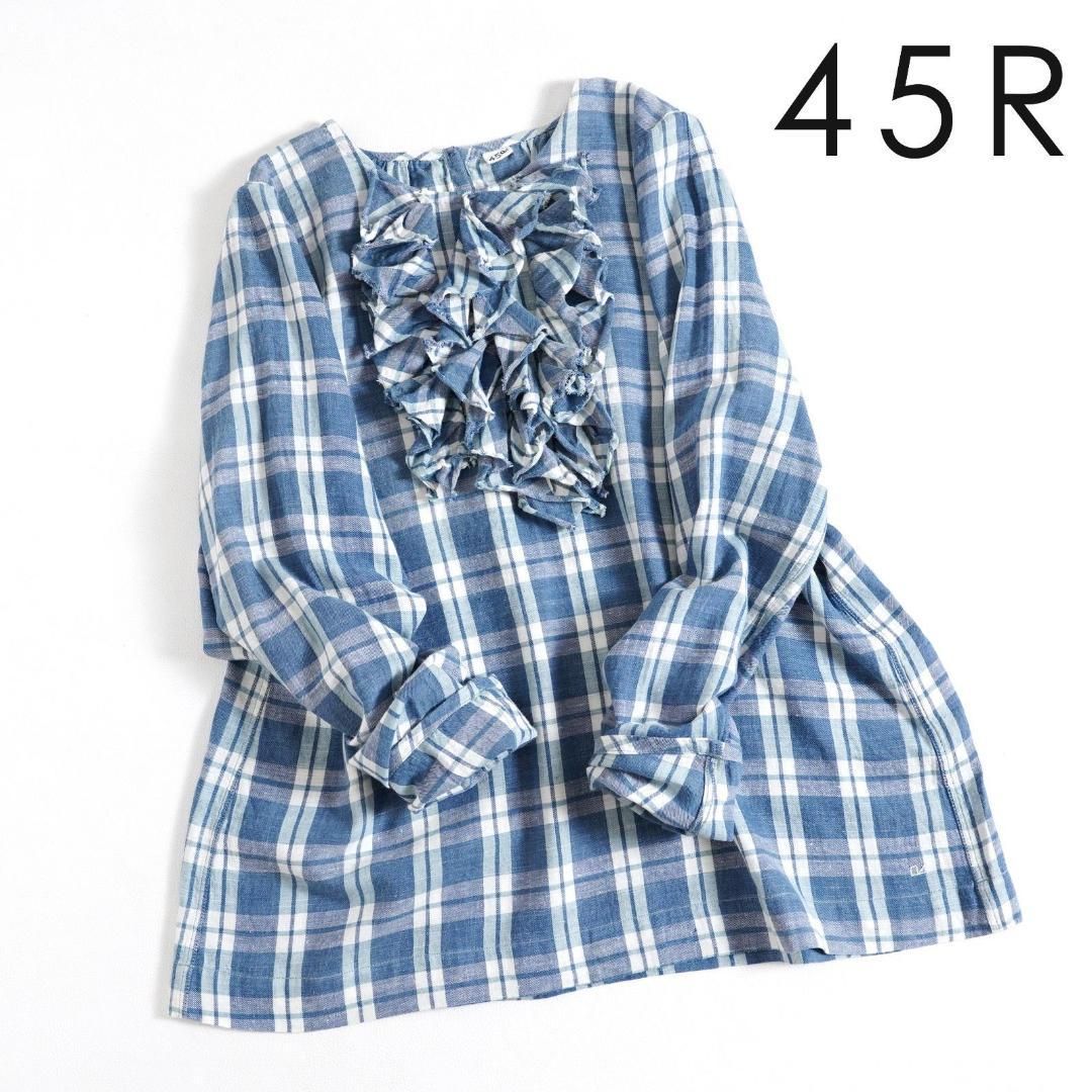45R インド藍 ネルチェック フリルブラウス. - メルカリ