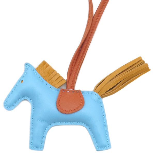 エルメス HERMES バッグチャーム ロデオPM アニューミロ セレストｘナチュラル×ブトンドール 水色 茶 赤茶 A刻印 箱