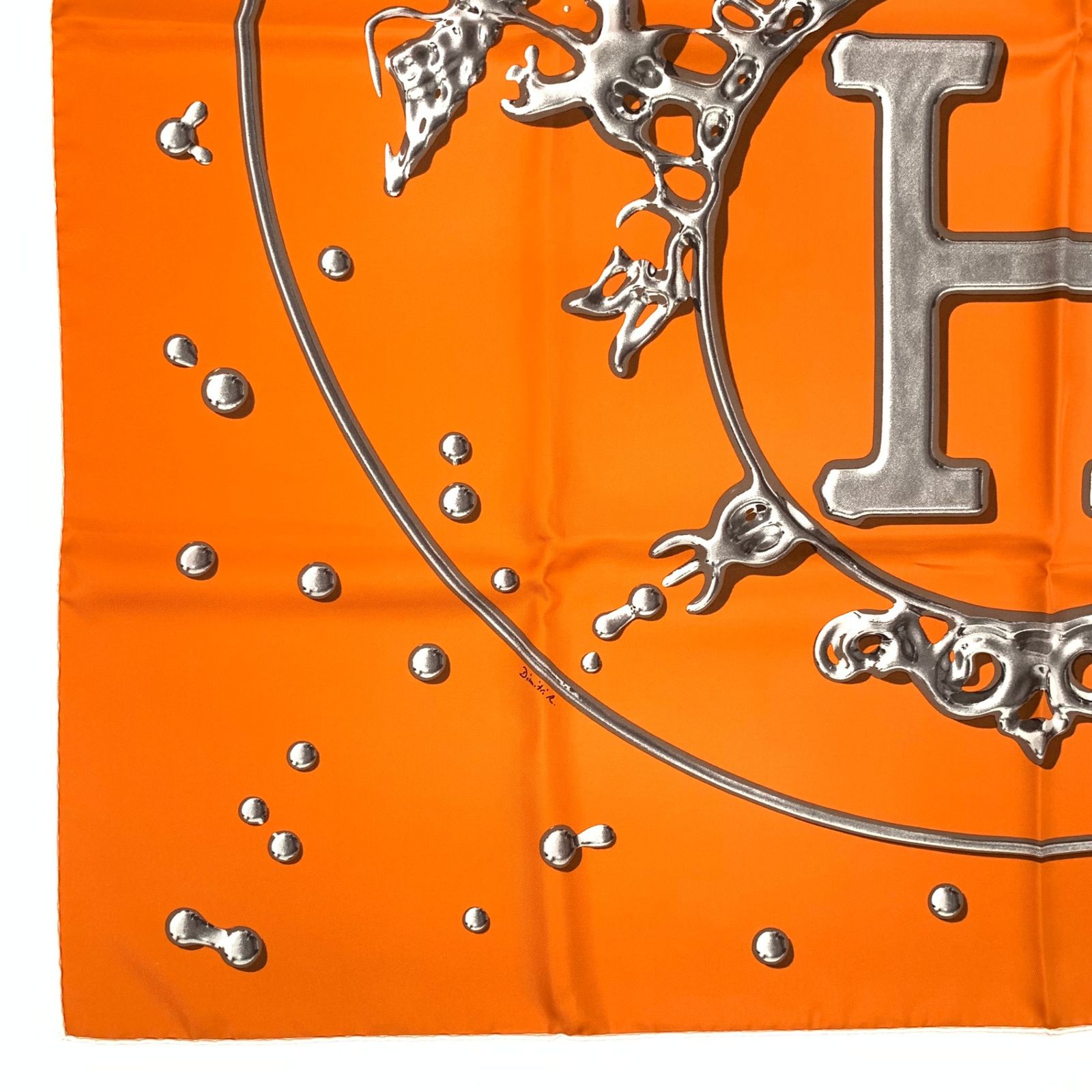 極美品 HERMES エルメス カレ90 VIF ARGENT 銀の雫 オレンジ シルク 
