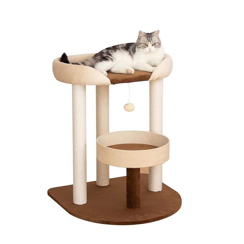 LULUCAT キャットタワー クッション入りベッド 巨大土台 据え置き おしゃれ 多頭飼い コンパクト シニア猫 大型猫 安定感 低め 転倒防止デザイン 展望台 猫ベッド 運動不足解消 省スペース スリム 爪とぎポール コットン紐 遊び場 高さ71cm 1