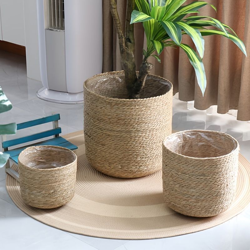 ガーデン プランター 植木鉢 2個入り セット 大型 ラウンド 海草 プランター モダンな楕円形デザイン 屋内 屋外 緑化コンテナ 園芸用品 観葉植物 植木 木 ナチュラル インテリア シンプル ベージュ
