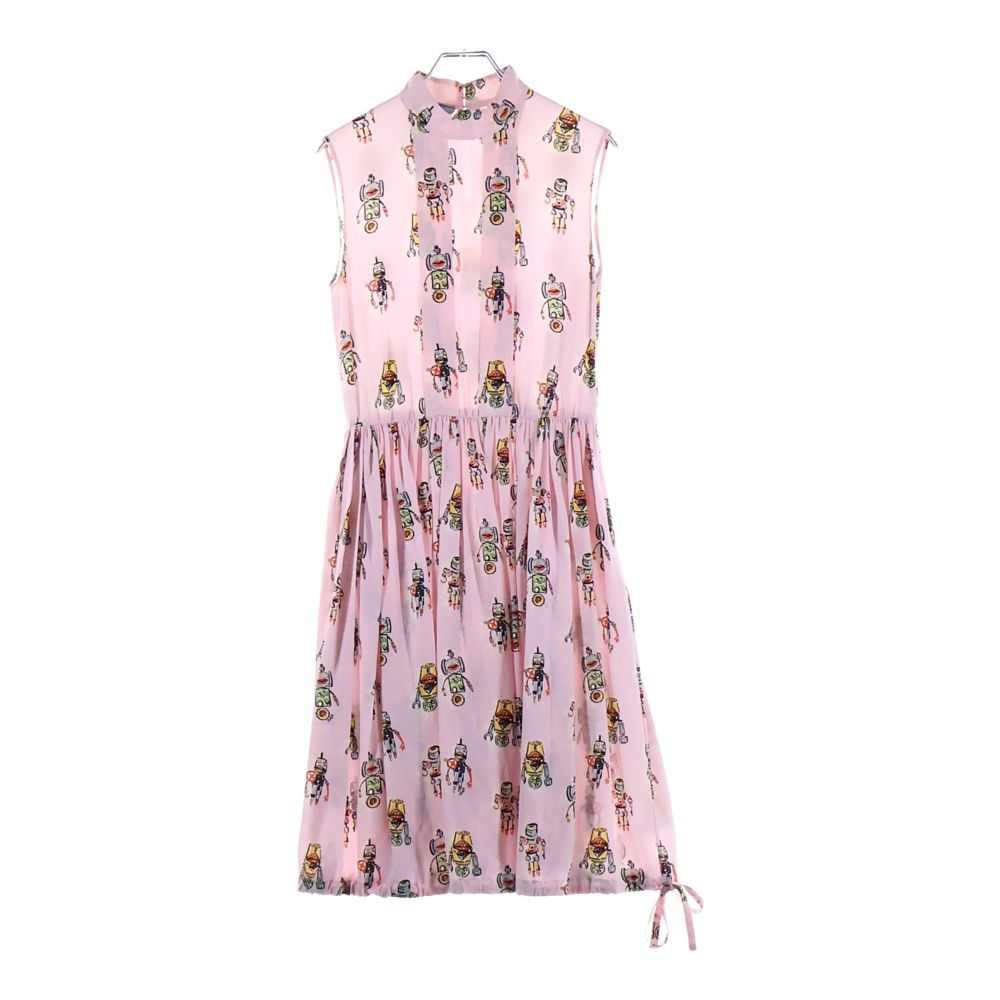 PRADA プラダ 16SS ロボット総柄プリント シルク スタンド ノースリーブ ギャザー ミディアムワンピース ピンク レディース P24N3