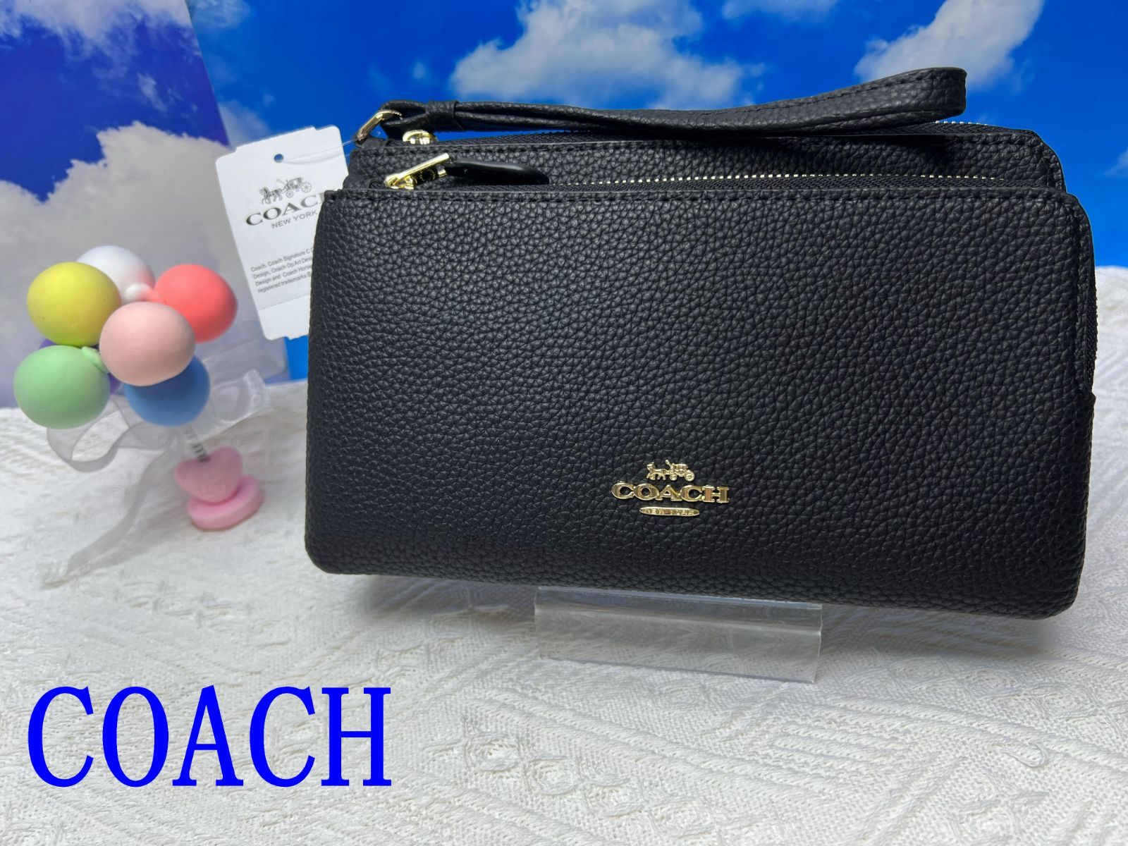 コーチ COACH 財布 ダブル ジップ ウォレット アラウンド ポーチ ペブルド レザー リストレット カードスロット ブラック プレゼント 贈り物 ギフト メンズ 財布 レディース ブランド C5610 355D