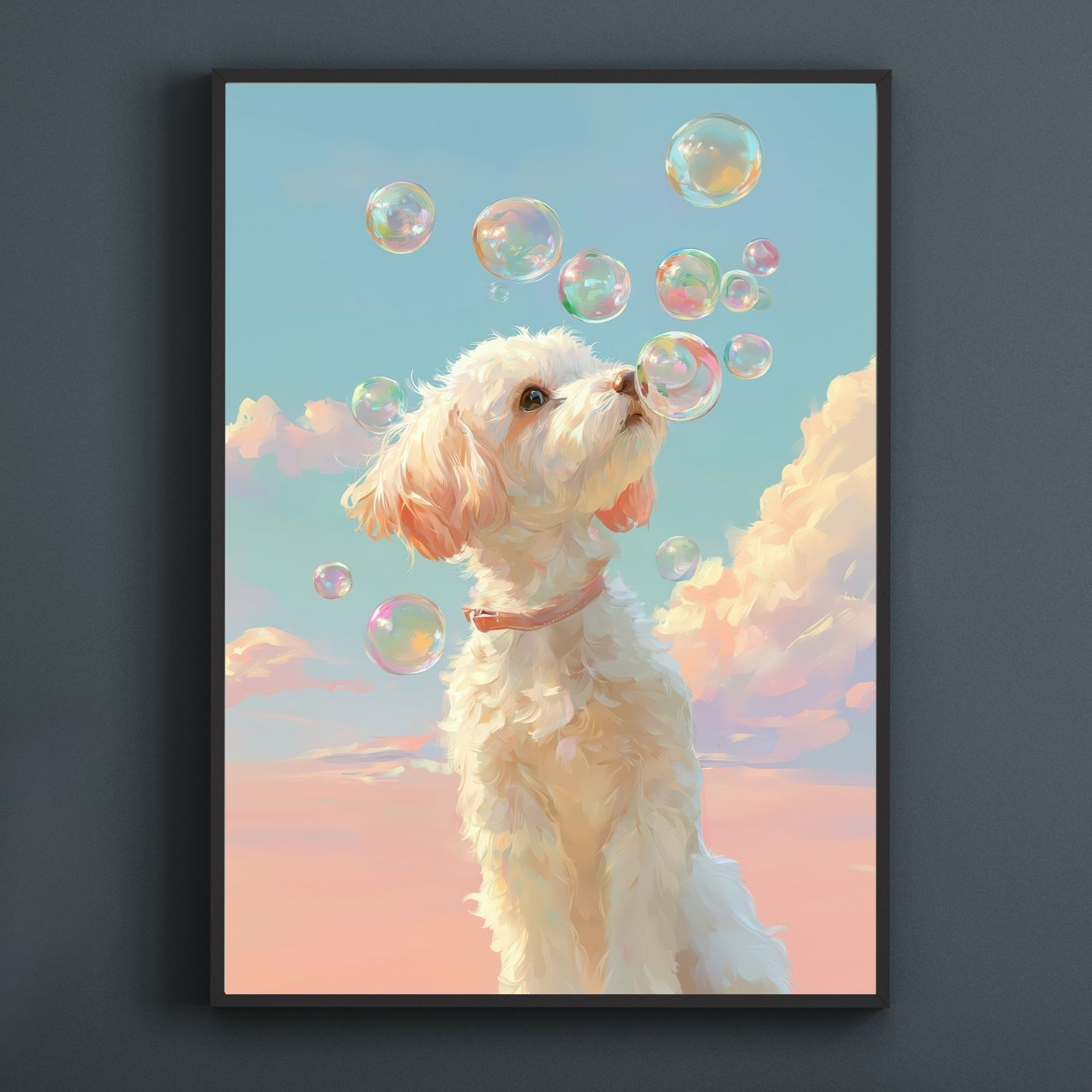 名入れOK 犬とシャボン玉 - マルプー犬 No.3 マルチーズ-トイプードル アートポスター ペットロス うちの子記念日 北欧 ナチュラル