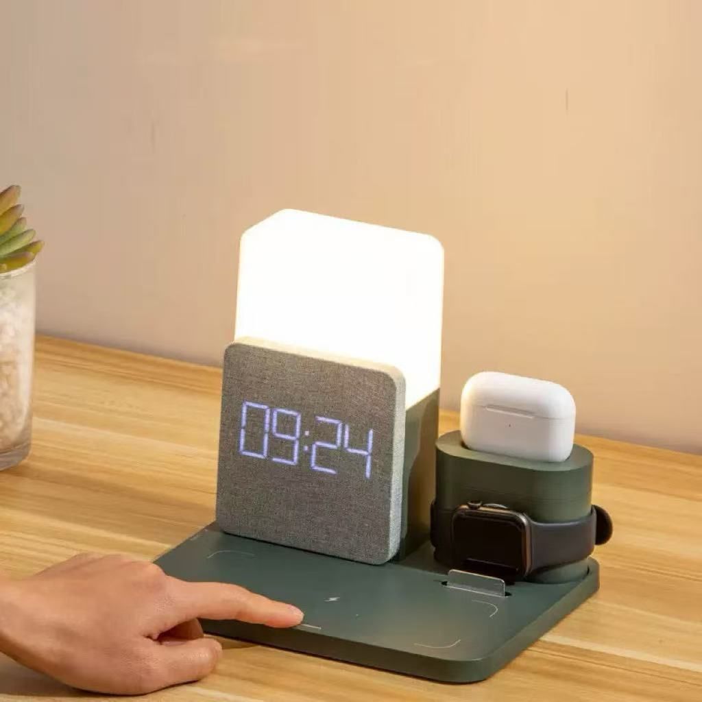 目覚まし時計 ワイヤレス充電 おしゃれ 時計 置時計 常夜灯 充電6-in-1 小さなテーブルランプ 多機能 時計 目覚まし時計なし 創造的な時計 USB充電式 おしゃれ 北欧 時計 調光 なLED ディスプレイと電話ホルダー付き