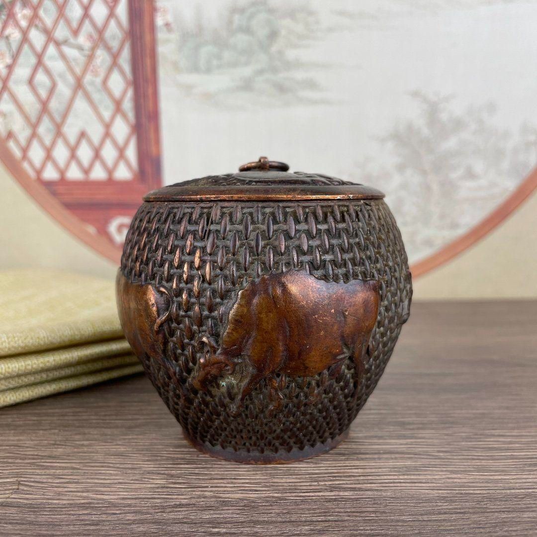 銅製 五牛茶筒 収納筒 茶道具 装飾品 工芸品 置物 中国古美術・旧