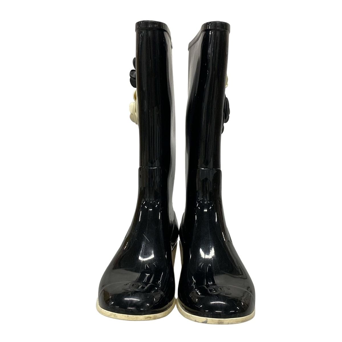 シャネル　レインブーツ　38 CHANEL(シャネル) レインブーツ 38 レディース - 黒×白 カメリア