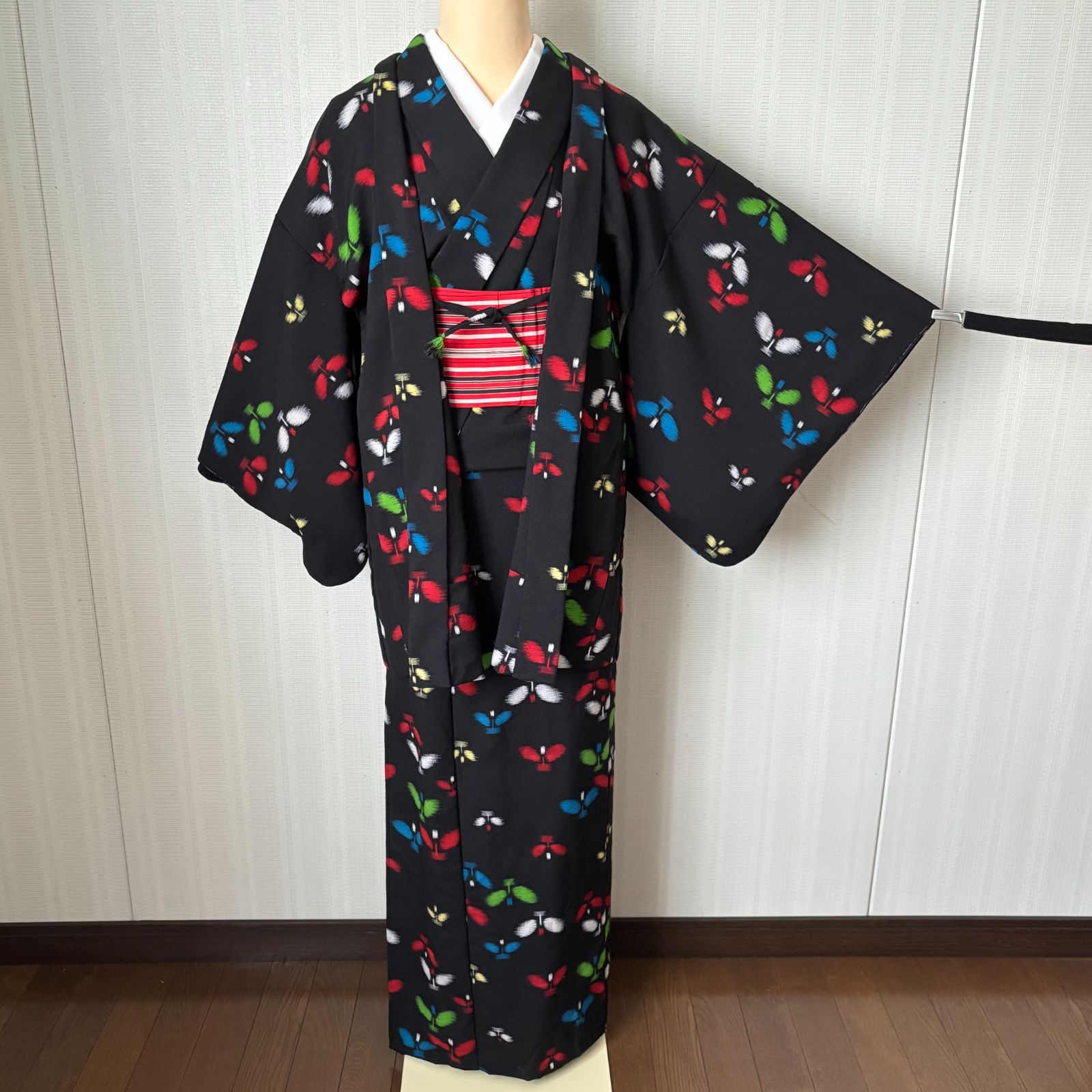 トールサイズ ウール着物&羽織セット 半幅帯付き 蝶模様 レトロモダン ネイビーブラック 身丈169cm 裄65cm 大正ロマン 昭和レトロ カジュアル コスプレ アニメ 鬼滅