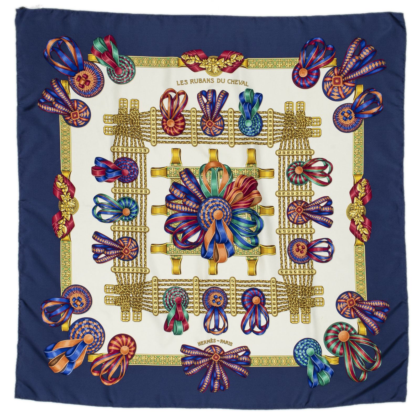 HERMES エルメススカーフネイビー アイボリー ゴールド ツイルシルクA
