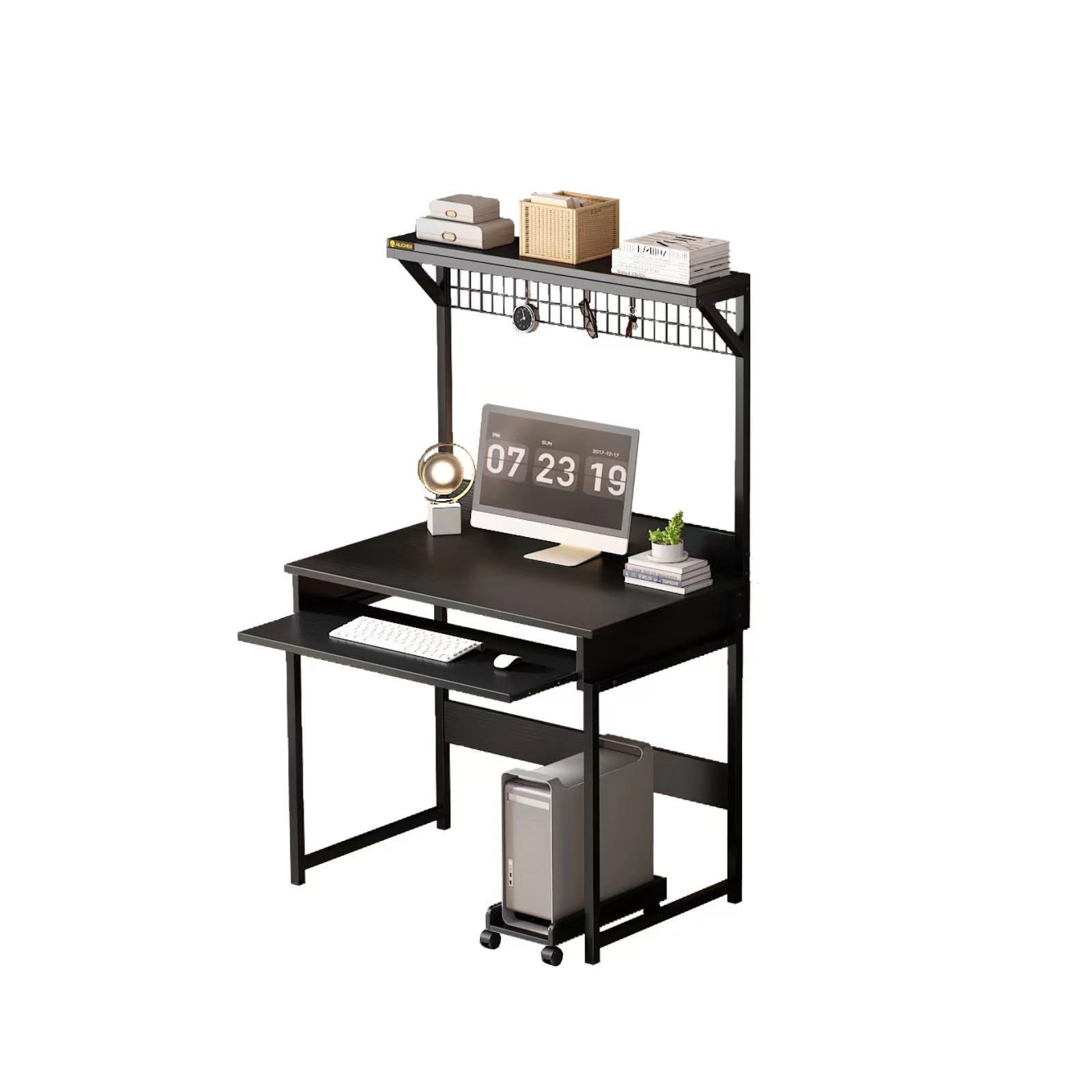 【人気商品】ブラック 奥行47×高さ130cm CPUスタンド モニターアーム取付対応 グリッド物置ラック付き ワークデスク 収納棚/キーボードスライダー付き pcデスク 机 デスク 幅80cm パソコンデス