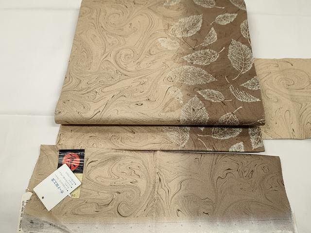 平和屋着物●全通柄九寸名古屋帯　京友禅　舞葉文　墨流し文様　証紙付き　上代30万　正絹　逸品　CAAX9577yk 平和屋着物○全通柄九寸名古屋帯 京友禅 舞葉文 墨流し文様 証紙付き