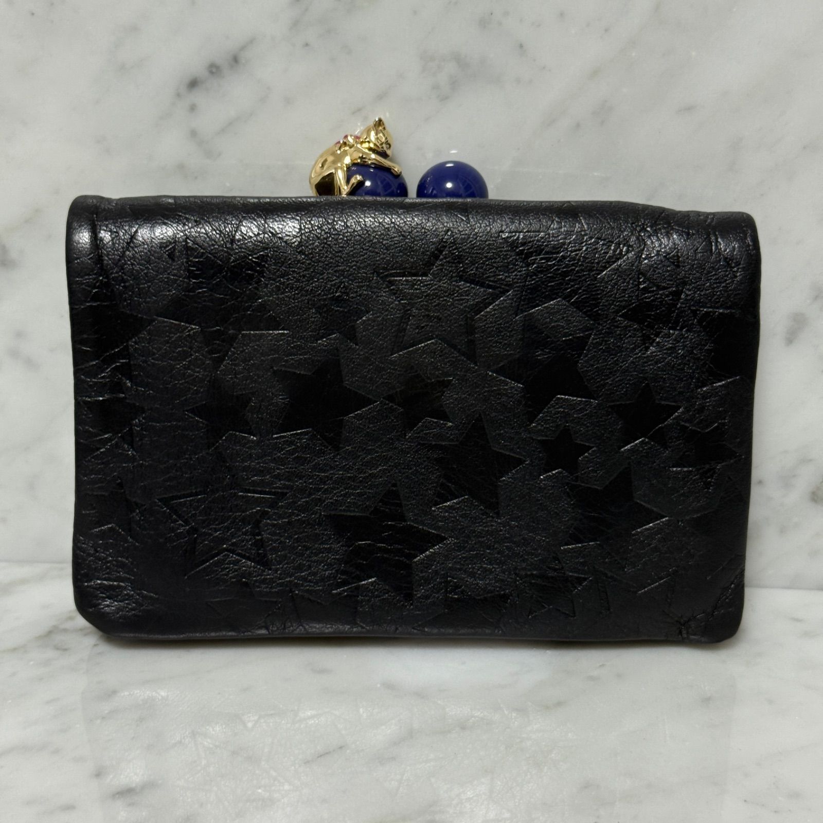 美品 ANNA SUI アナスイ 二つ折り財布 ブラック 黒 本革 がま口財布