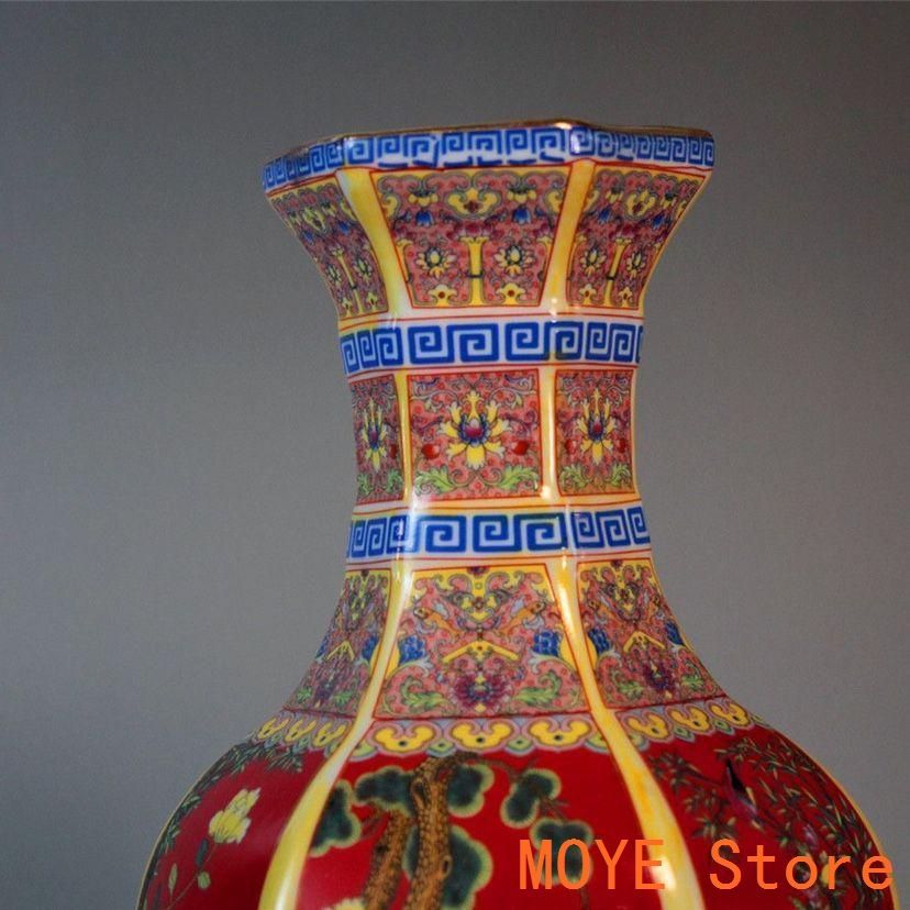 蒔絵琺瑯の六方花瓶 景徳鎮 陶磁器 装飾品 現代工芸品 美術品