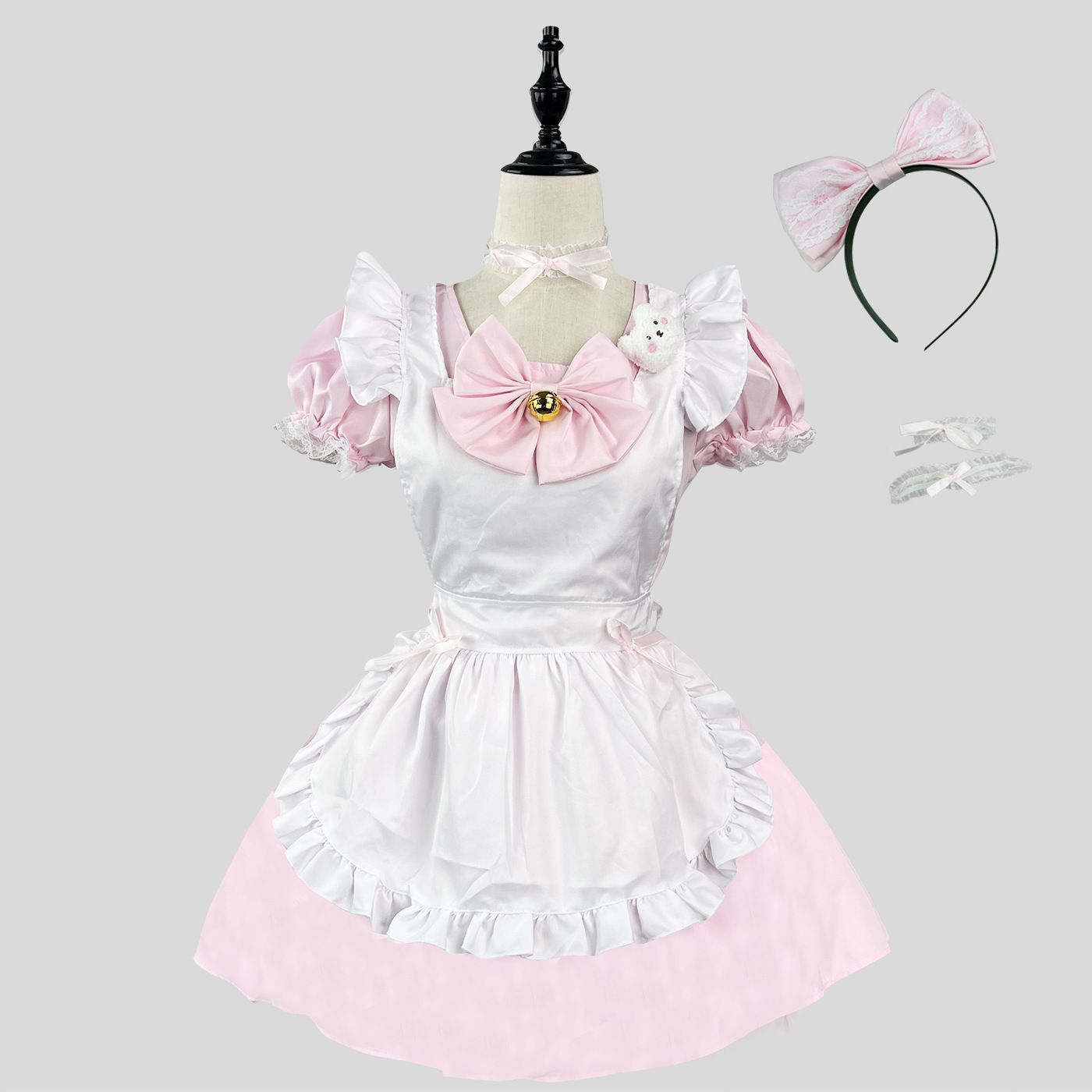 クラシックメイドロリータワンピース ピンク×ホワイト 萌え系 甘ロリ メイド風 フリルエプロン付き