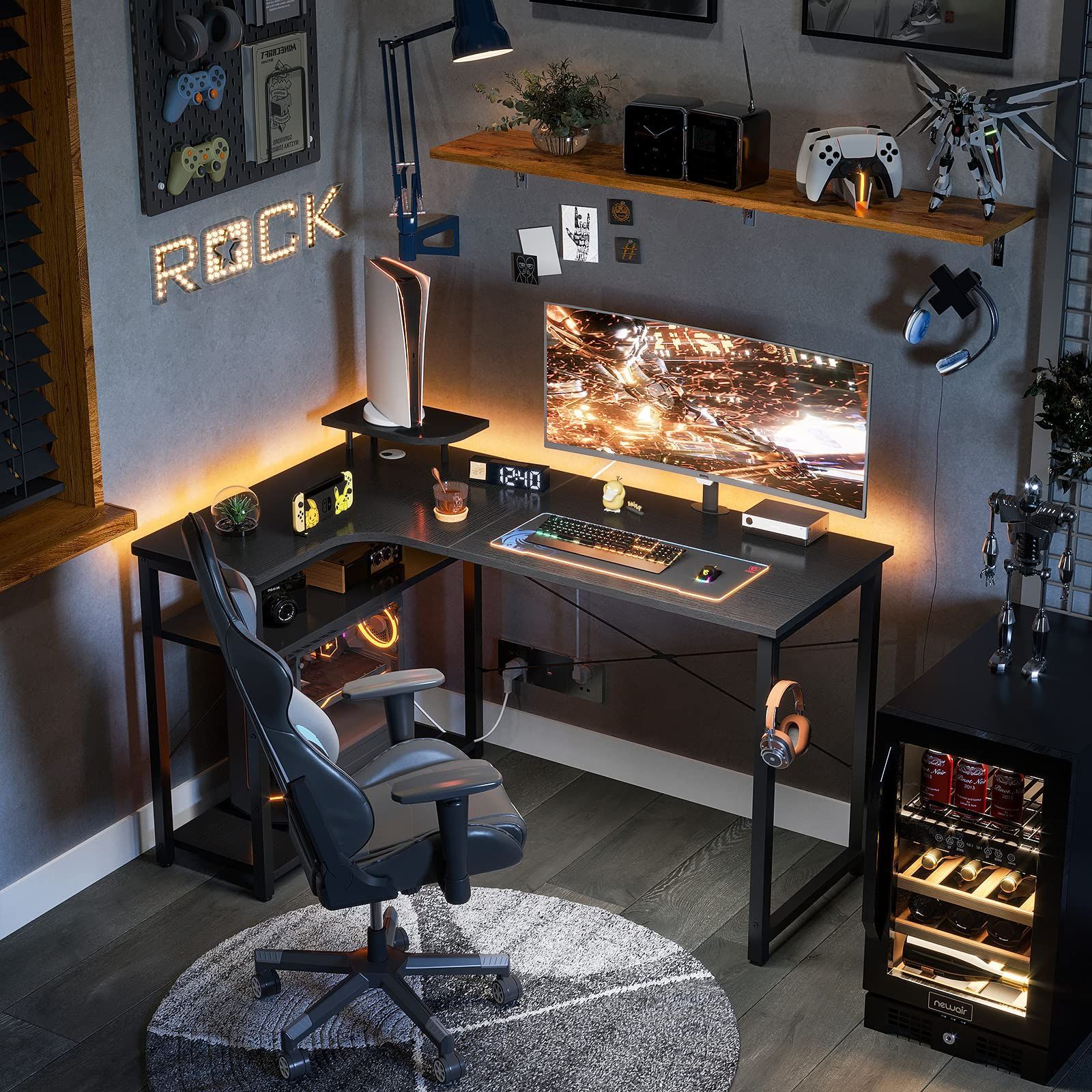 ODK パソコンデスク L字 ゲーミングデスク 幅130 L字デスク 机 desk ラック付き デスク 勉強机 収納 pcデスク オフィスデスク 在宅勤務 組立簡単 書斎 ブラック 左棚