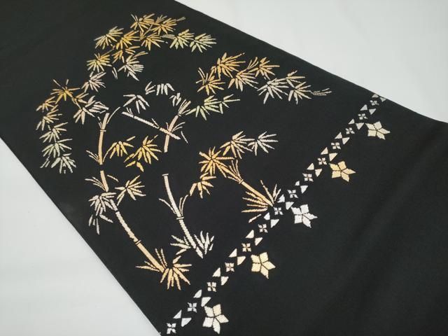 平和屋本店□最高級 龍村平蔵製 六通柄 本袋帯 螺鈿の竹 黒地 金銀糸