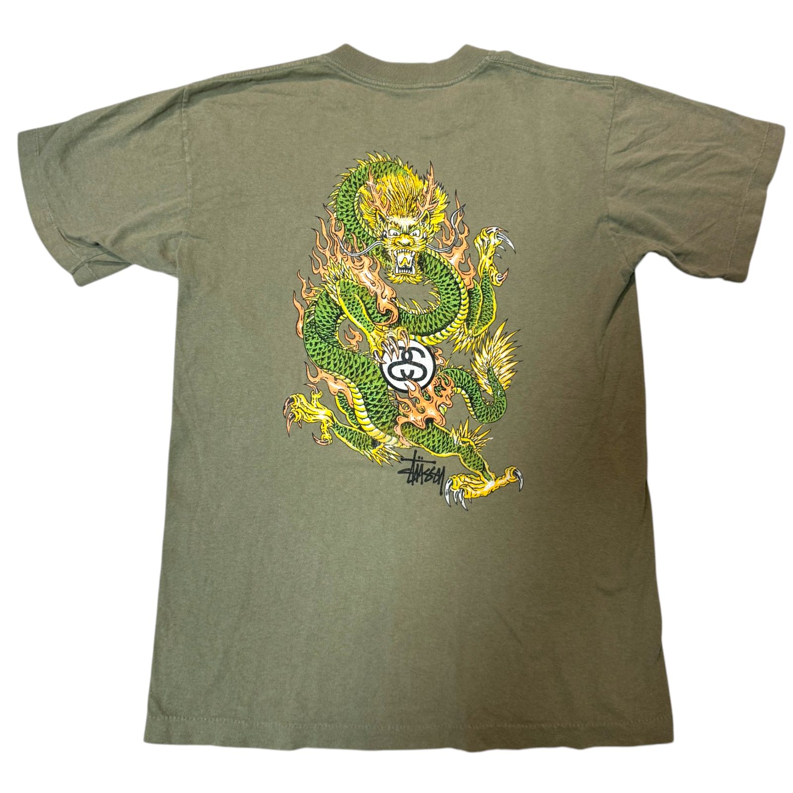 90s STUSSY Tシャツ ドラゴン 龍 Mサイズ カーキ系 神龍 SSロゴ MADE 