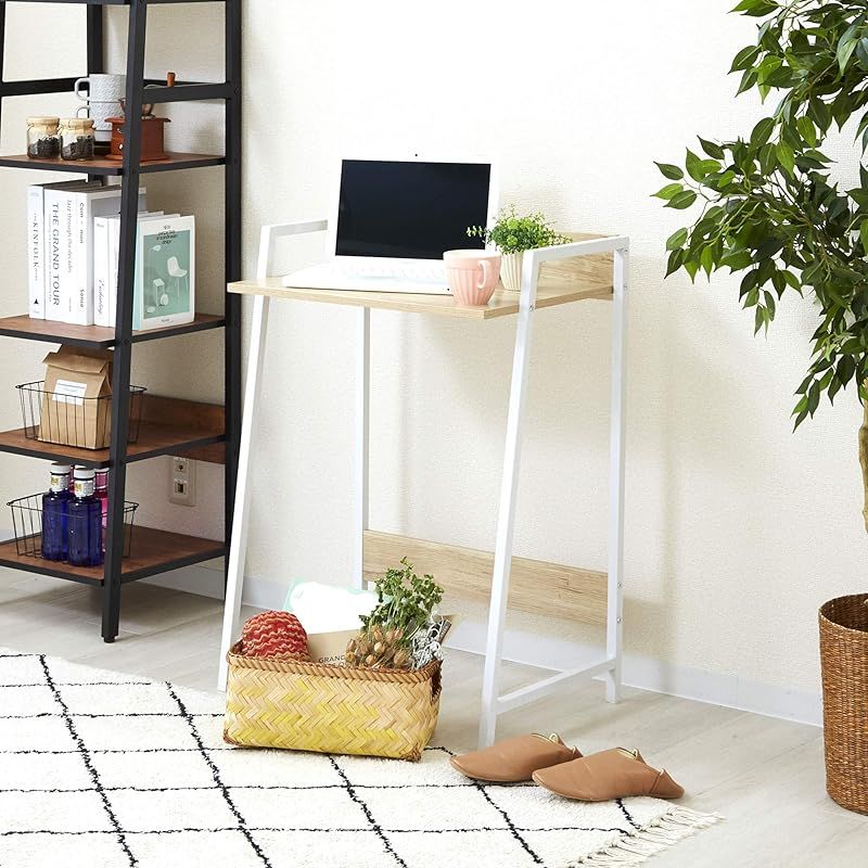 ドウシシャ シンプルデスク 省スペース スリム 幅60 奥行40 パソコンデスク 作業台 ゴミ箱上収納としても L字型天板 軽量 隙間収納 仕事 学習机 リビング キッチン PC ミシン 一人暮らし 白 幅60×奥行42×高さ75cm SD6075-NA 0