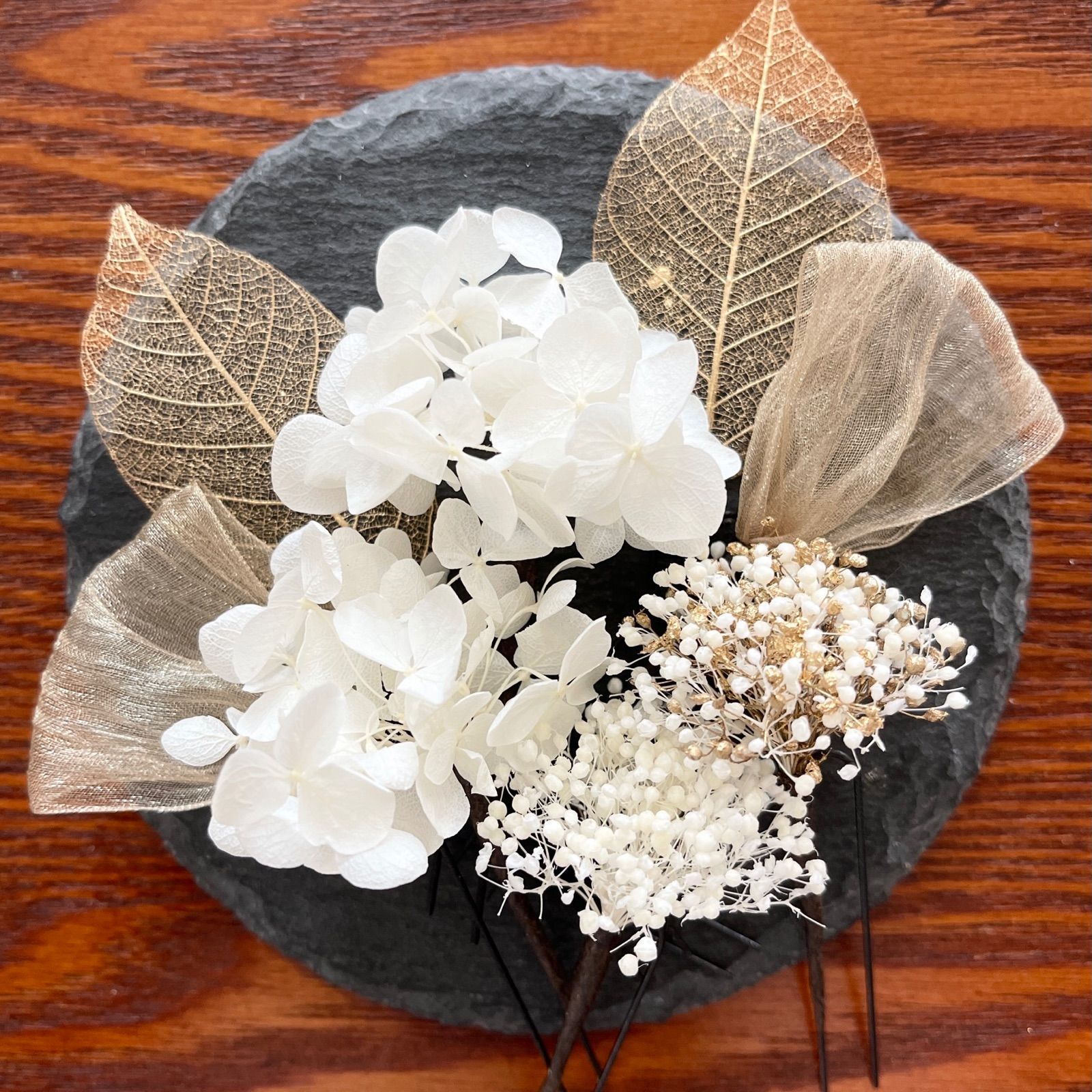 最安値 新品 未使用 紫陽花 かすみ草 チュール スケルトンリーフ ゴールド 髪飾り 結婚式 成人式 ヘアピン Khamsarngor Com Khamsarngor Com