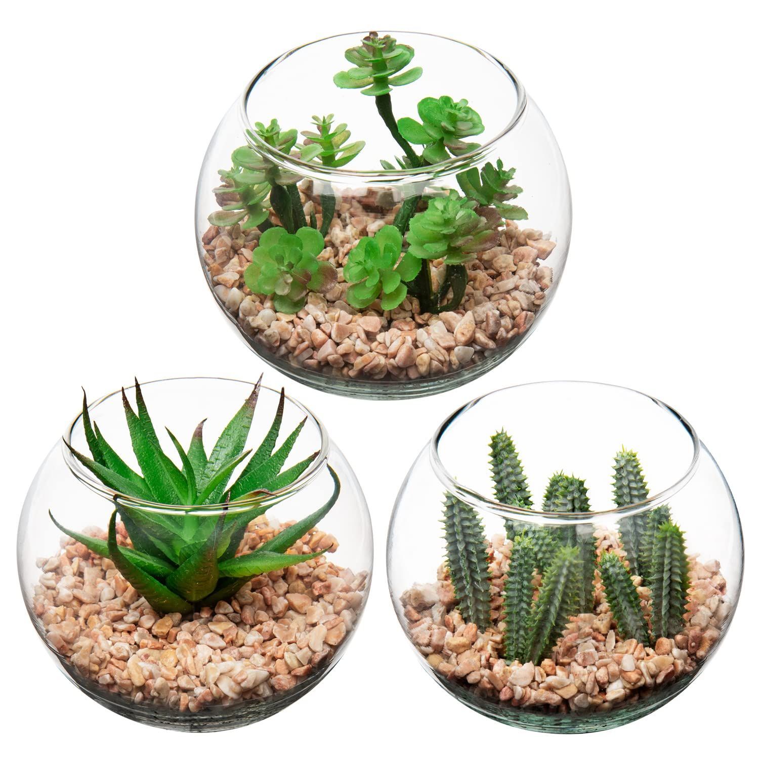 Villa Como フェイクグリーン インテリアグリーン サボテン 人工観葉植物 人工多肉植物 造花 卓上鉢植え テーブルデコレーション エアプランツ 丸いガラス おしゃれ プレゼント ３点セット (3 ミッド)